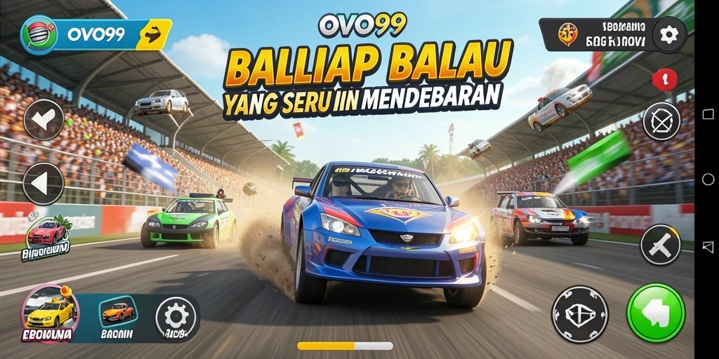 Screenshot gameplay OVO99 menampilkan mobil balap di trek yang menantang.
