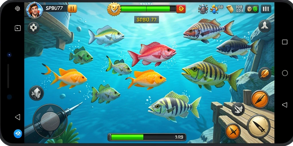 Tampilan gameplay seru dalam SPBU77 saat menembak ikan untuk mendapatkan poin.