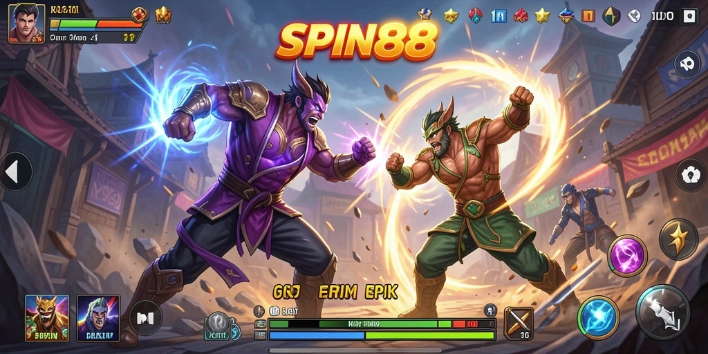 Tampilan utama SPIN88 menampilkan aksi pertarungan seru dan karakter yang beragam.