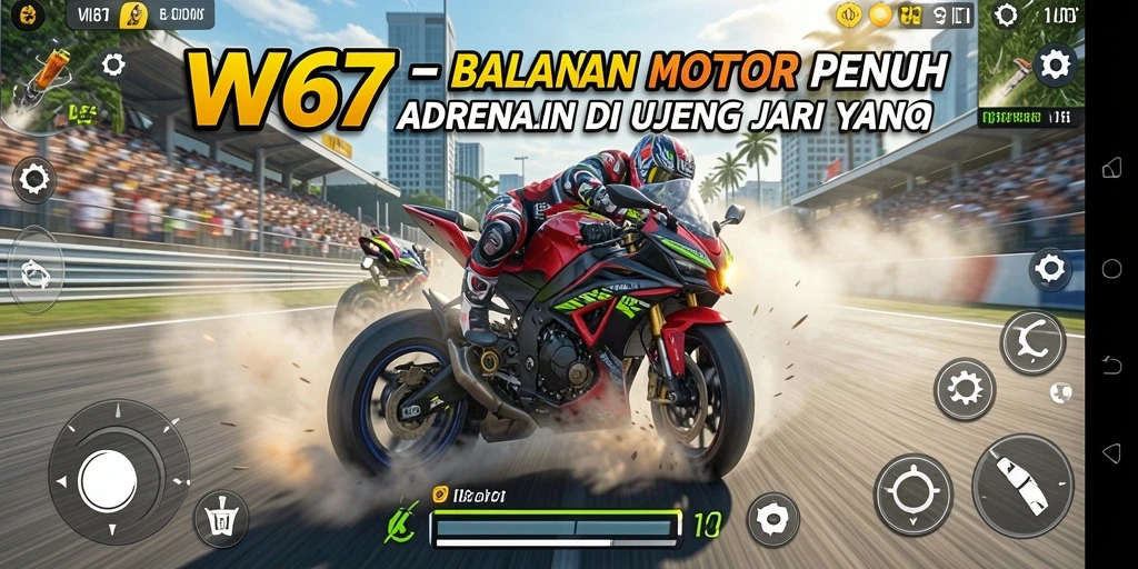 Screenshot W67 menampilkan aksi balapan motor yang mendebarkan.